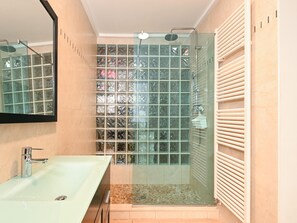 A bathroom with a glass shower enclosure, a sink, and a mirror.