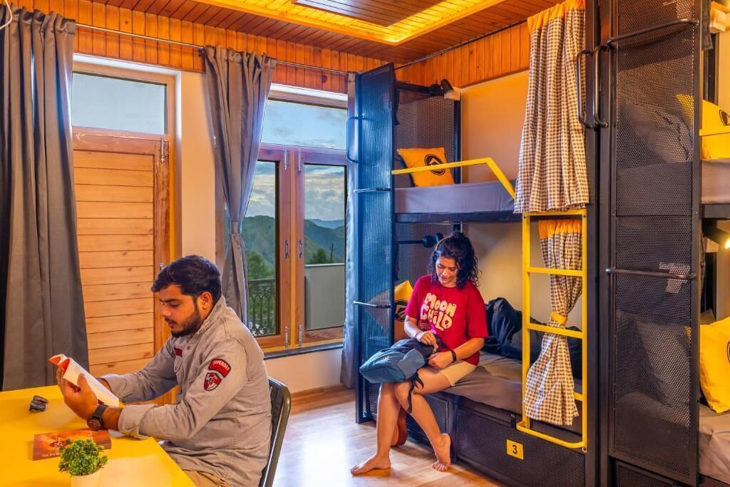 A room with bunk beds, a table with a plant, and a window with a view.