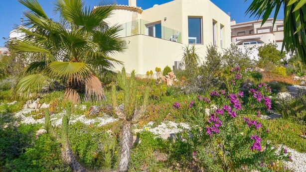Una casa moderna con techo plano, rodeada de diversas plantas y flores.