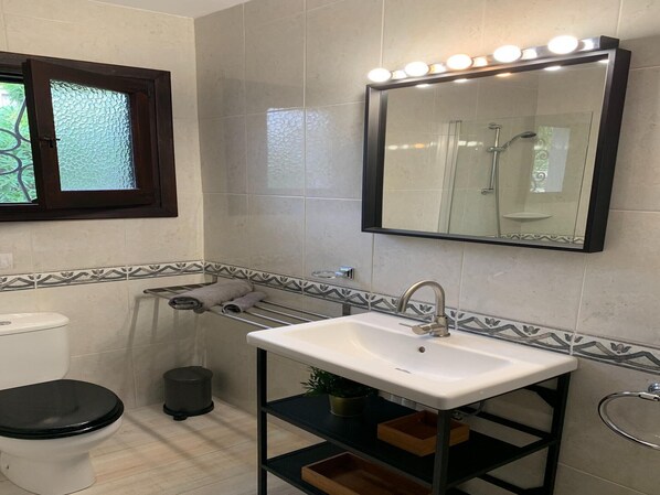 A bathroom with a toilet, sink, and mirror.