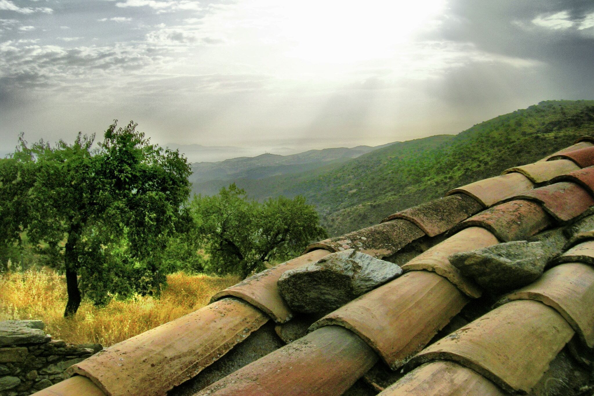 Blick auf Terrakotta-Dachziegel, eine Steinmauer und grüne Bäume in einer Berglandschaft.
