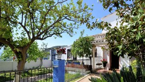 Un patio con un árbol, un edificio blanco con tejado de baldosas y un pilar azul.