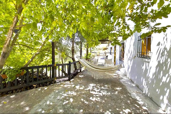 A serene pathway leading to a building with a hammock and outdoor seating area.