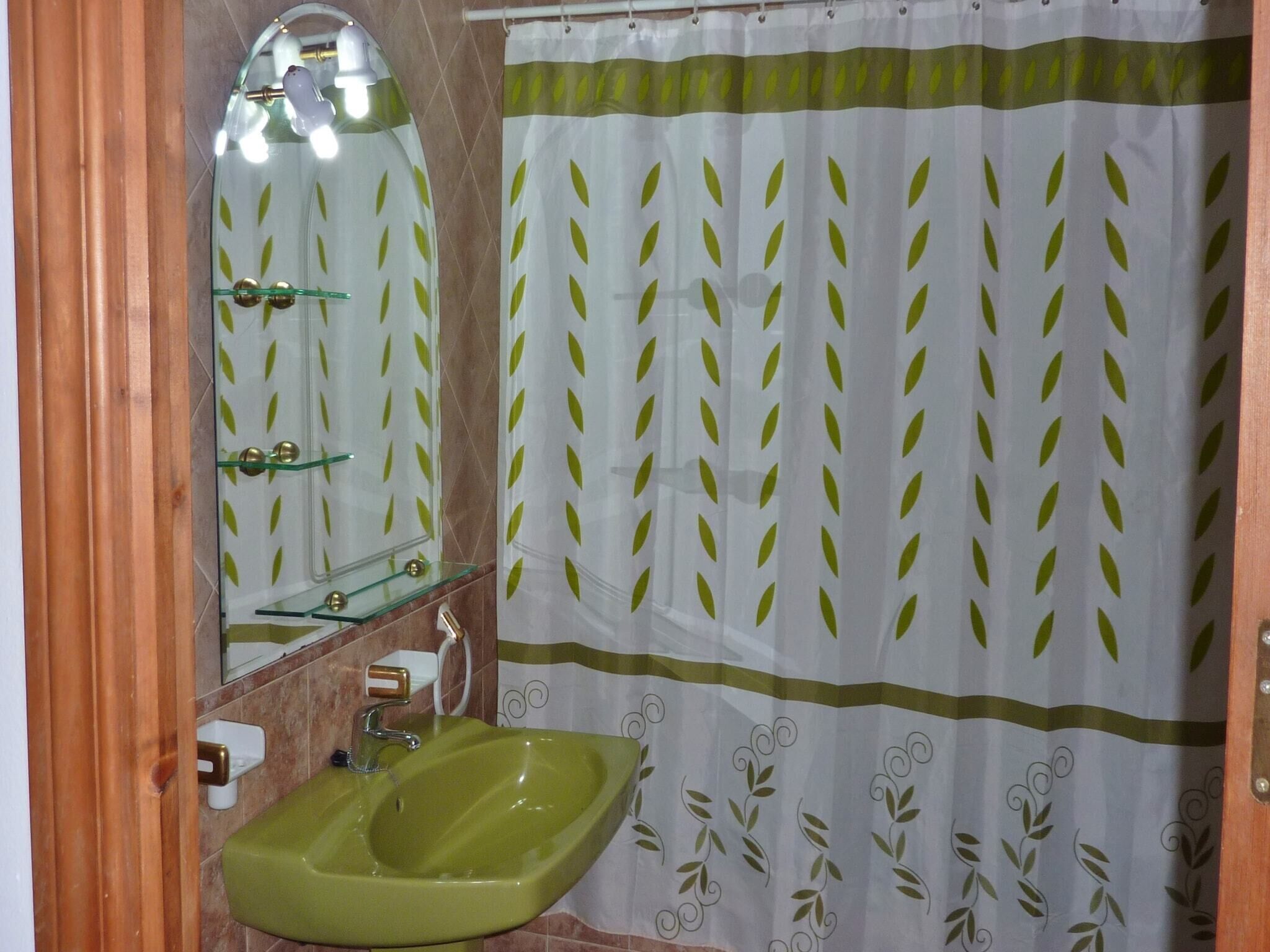 Ein Badezimmer mit einem grünen Waschbecken, einer Duschkabine aus Glas und einem weißen Duschvorhang mit grünen Blätermustern.