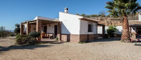 A single-story house with a covered porch, a small attached garage, and a palm tree in the foreground.