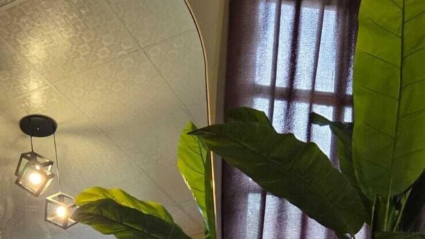 A room with a large mirror reflecting a bed and curtains, a potted plant, and a hanging light fixture. - Lush oasis in port of Spain with private pool (Port of Spain)