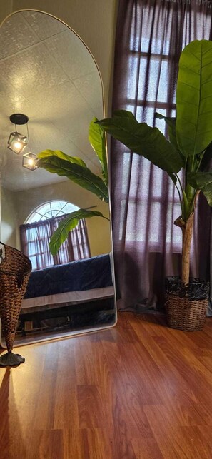 A room with a large mirror reflecting a bed and curtains, a potted plant, and a hanging light fixture. - Lush oasis in port of Spain with private pool (Port of Spain)