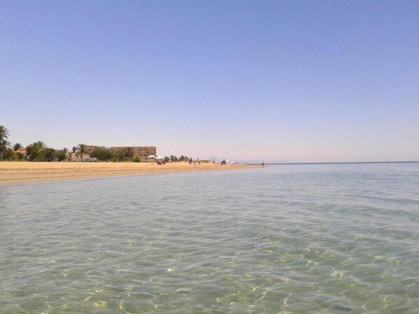 Una playa con aguas claras y poco profundas, una orilla arenosa y un edificio al fondo.