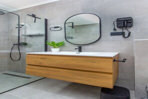 Shower, hair dryer, towels