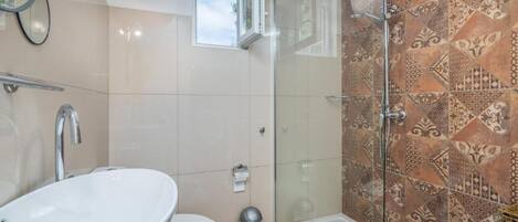 Shower, hair dryer, towels