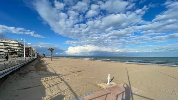 A beach with a wooden walkway, palm trees, and a building in the background.