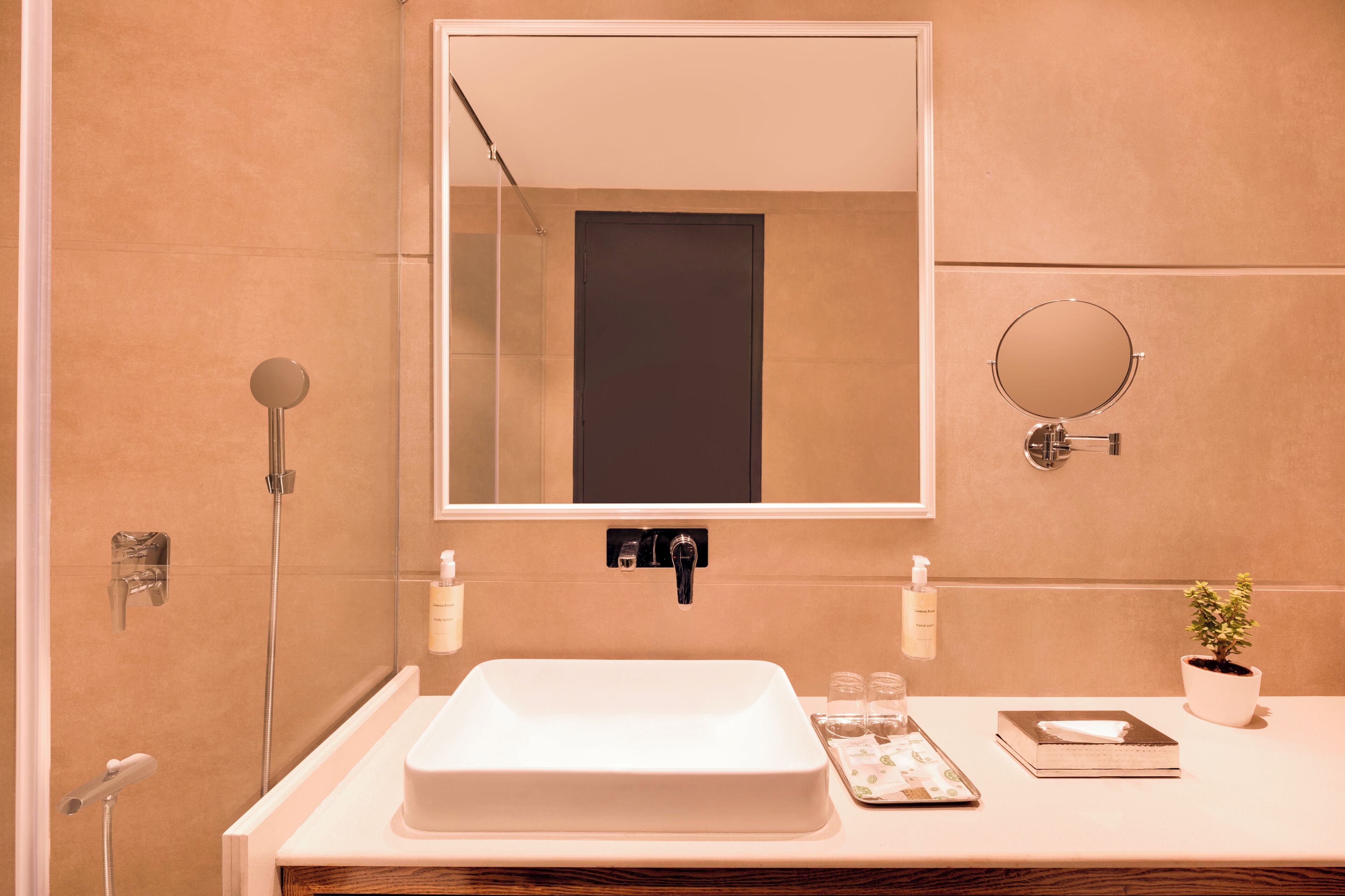 A modern bathroom with a large mirror, a sink, a shower, and a small potted plant.