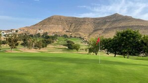 Un campo de golf con una bandera, árboles y una montaña al fondo.