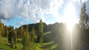 Paisagem com colinas suaves, árvores e céu claro.