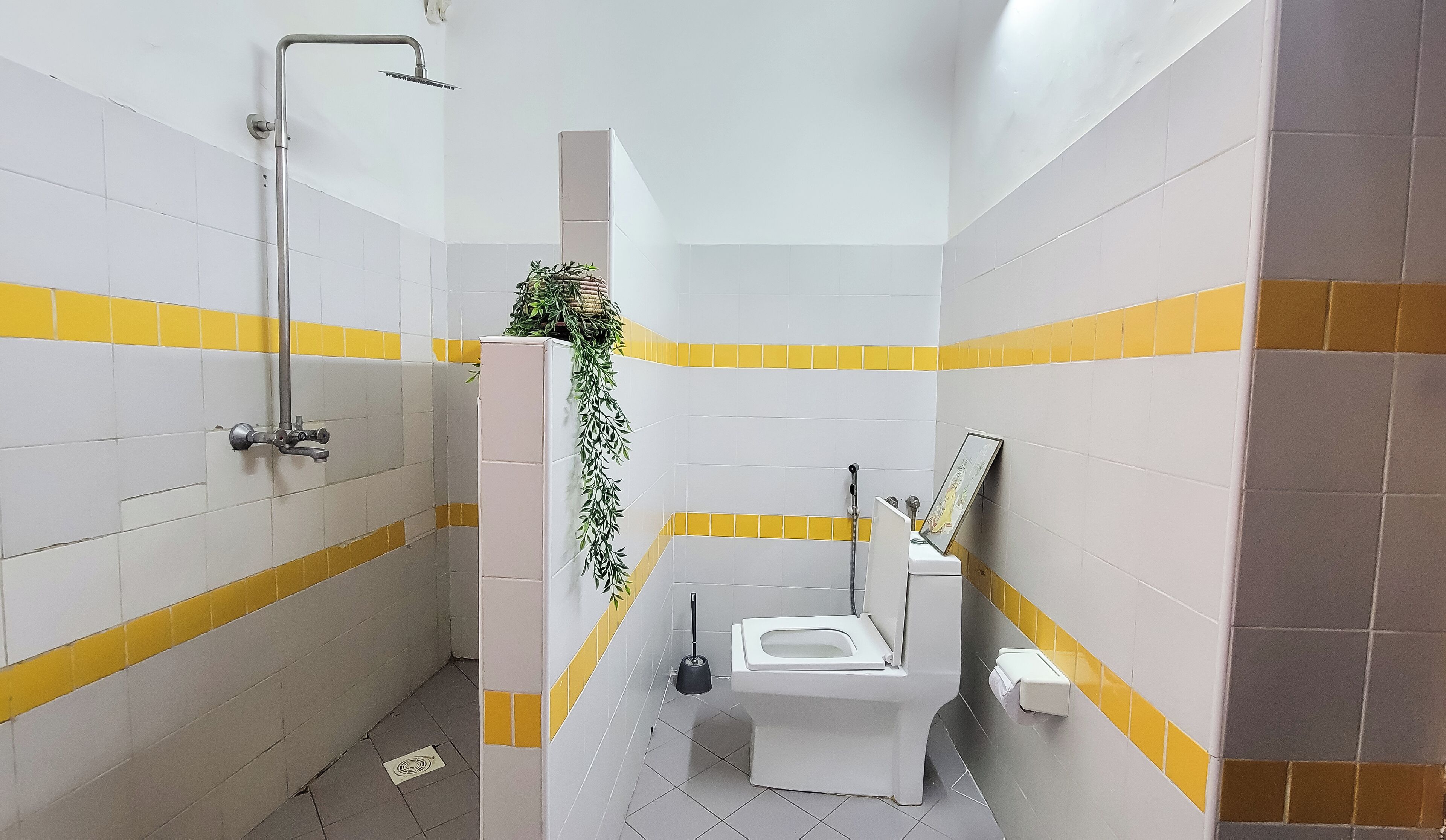 A small, narrow bathroom with a toilet, a shower, and a toilet paper holder.