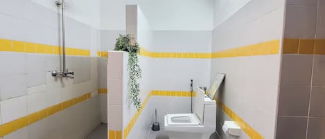 Une petite salle de bain étroite, équipée d’un WC, d’une douche et d’un porte-rouleau de papier toilette.