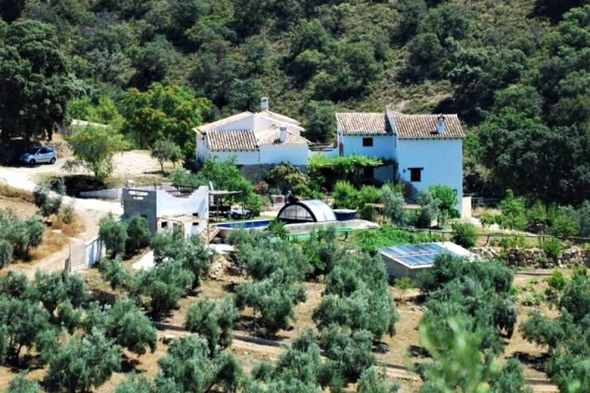 Propiedad rural con dos edificios principales, uno con techo de tejas y otro con techo plano, rodeada de olivos y un pequeño jardín.