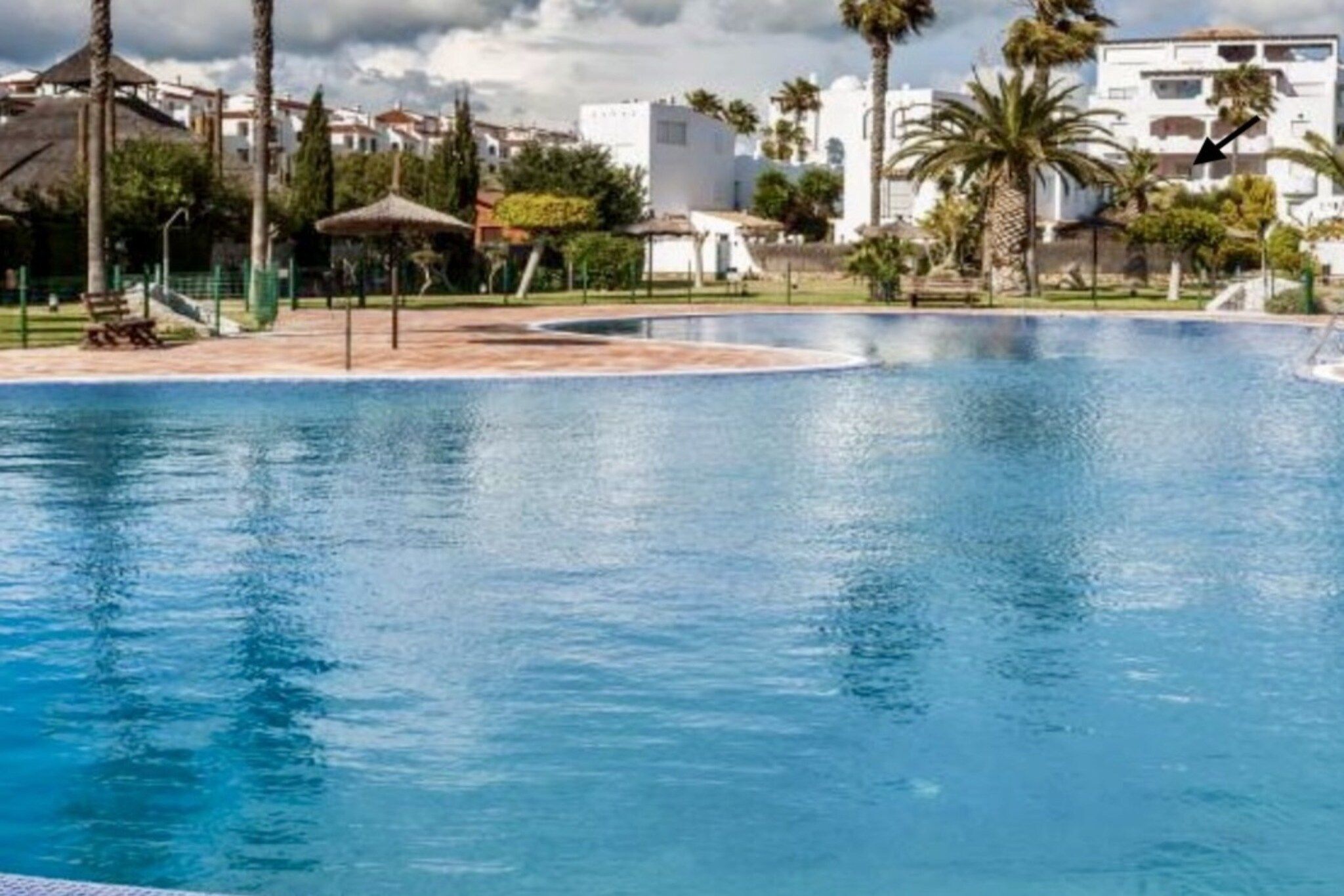 A swimming pool with a clear blue water surface, surrounded by palm trees and buildings in the background.