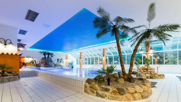 Un hall d’hôtel moderne doté d’une vaste piscine intérieure, de palmiers et d’un espace clos par des parois de verre.