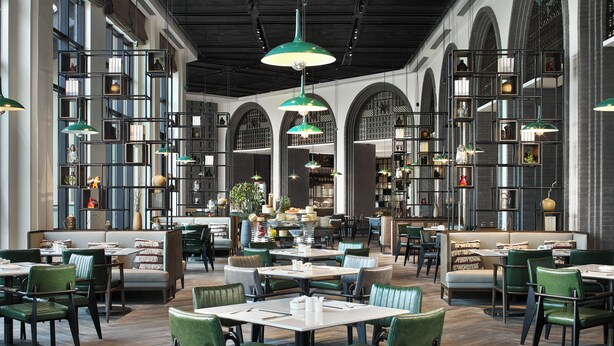 A spacious dining area with high ceilings, arched windows, and modern green pendant lighting. Tables and chairs are arranged for dining. - WANDA JIN Yan'an (Yan'an)