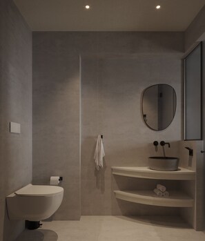 Shower, hair dryer, slippers, towels