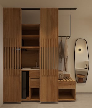 Fridge, microwave, stovetop, espresso maker