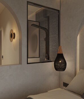 Shower, hair dryer, slippers, towels