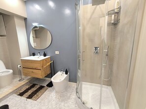 Shower, hair dryer, bidet, towels