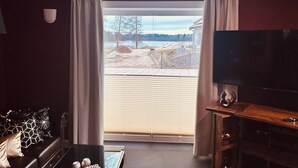 A living room with a large flat-screen TV, a dark-colored sofa with patterned cushions, a wooden coffee table, and a view of a snowy landscape through a sliding glass door. - Weißt Du Noch- Luxus am See (Krakow am See)