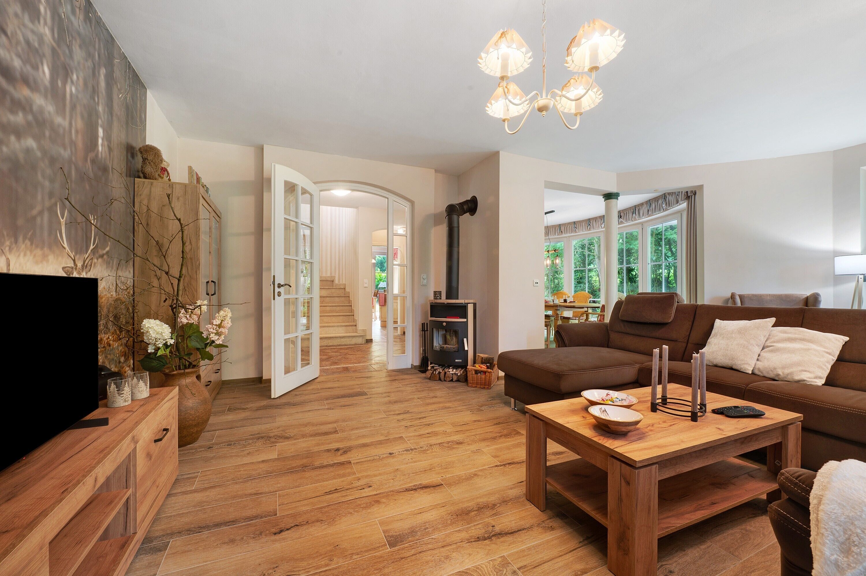 Una televisión, una chimenea, videojuegos, un reproductor de DVD