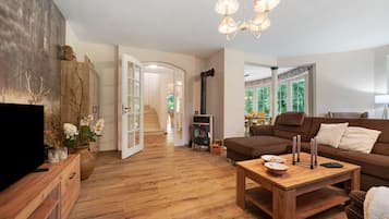 Una televisión, una chimenea, videojuegos, un reproductor de DVD