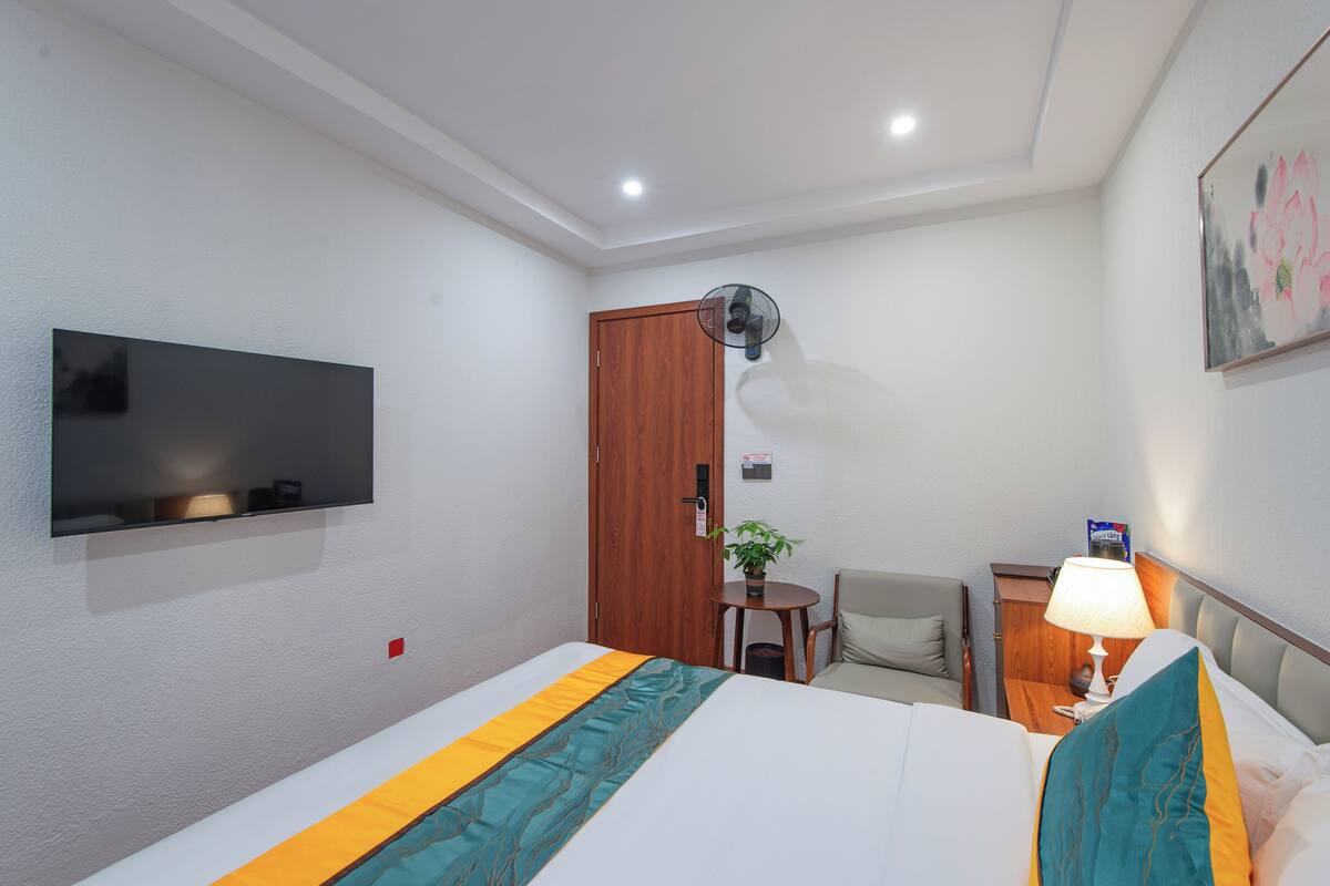 A hotel room with a bed, a TV mounted on the wall, a desk with a lamp, and a small table with a plant.