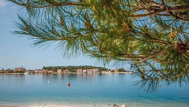 A coastal scene with clear water, a sandy beach, and a row of houses in the background.