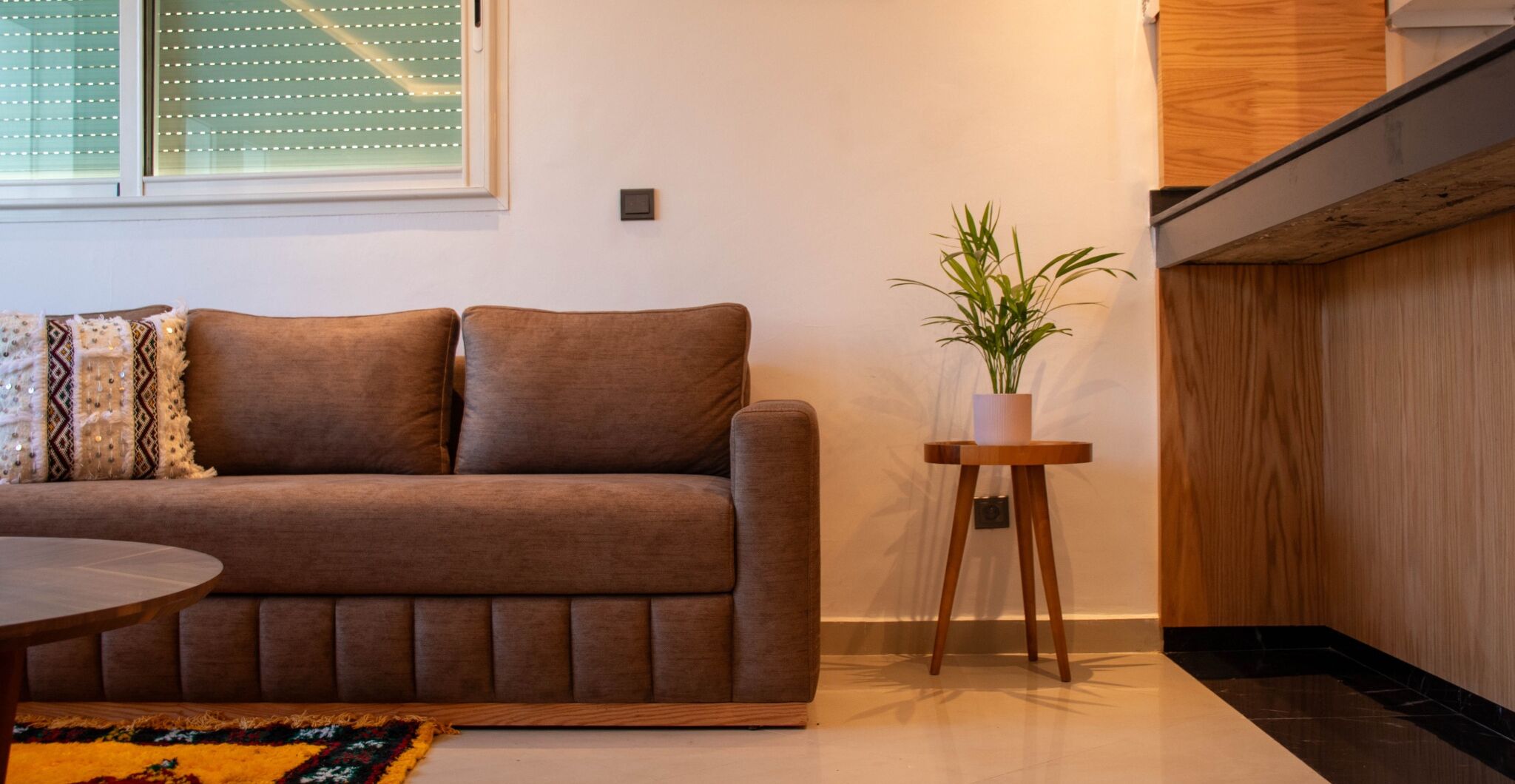 A modern living room with a brown sofa, a small wooden side table with a plant, and a round coffee table.