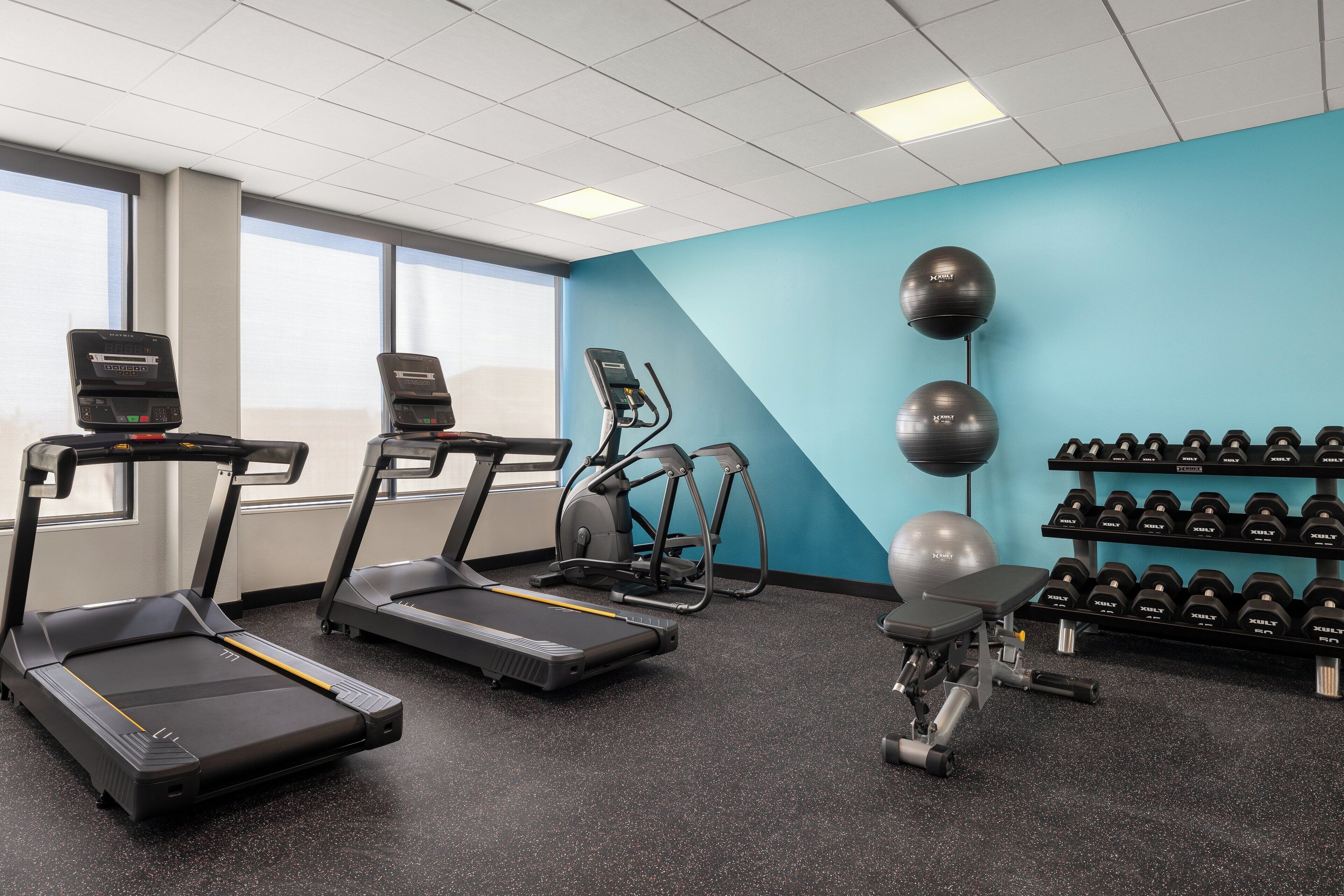 A gym with treadmills, an elliptical, a stationary bike, a bench press, and a rack of dumbbells.