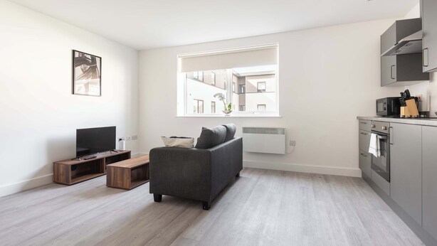A modern apartment with a grey sofa, a TV on a wooden stand, a kitchen with grey cabinets, and a window overlooking a building.