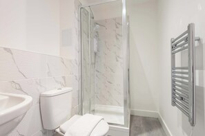 Douche, séchoir à cheveux, serviettes fournies, shampooing