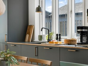 Fridge, dishwasher, cookware/dishes/utensils