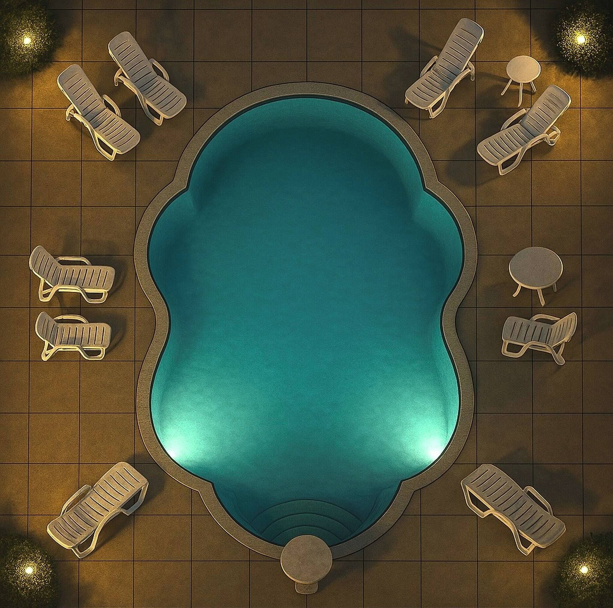 A top-down view of a swimming pool area with a central pool, surrounded by lounge chairs and sunbeds, and small tables.