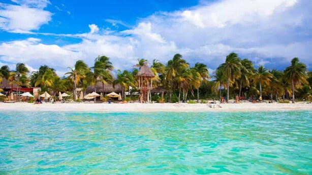 A beach with clear turquoise water, palm trees, and a thatched-roof structure. - Luxury One Minute Beach Pool Soak Fast WIFI Villa (Isla Mujeres)
