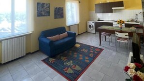 A living room with a blue sofa, a dining table with chairs, a kitchen area, and a radiator.