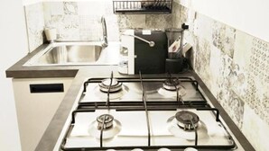 Una cocina compacta con estufa a gas, un lavabo y un escurreplatos.