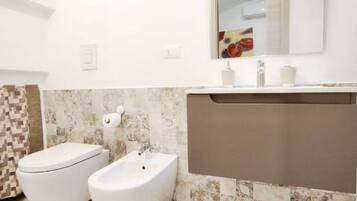 Dusche, Bidet, Handtücher, Toilettenpapier