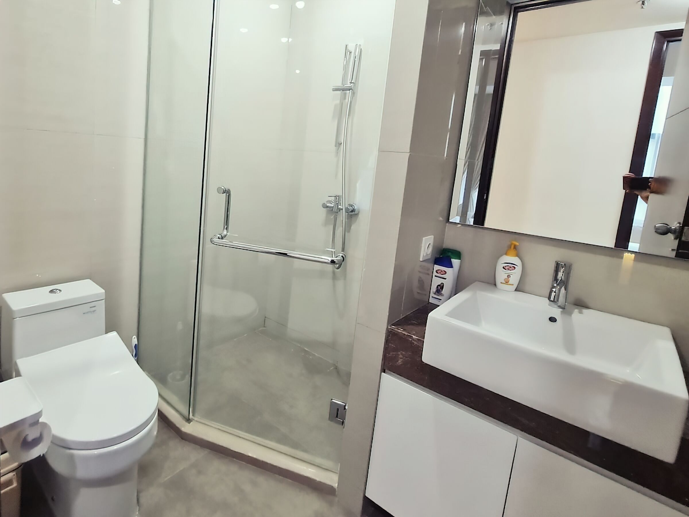 Een moderne badkamer met een douchecabine van glas, een wit toilet en een wastafelmeubel met een wastafel en spiegel.