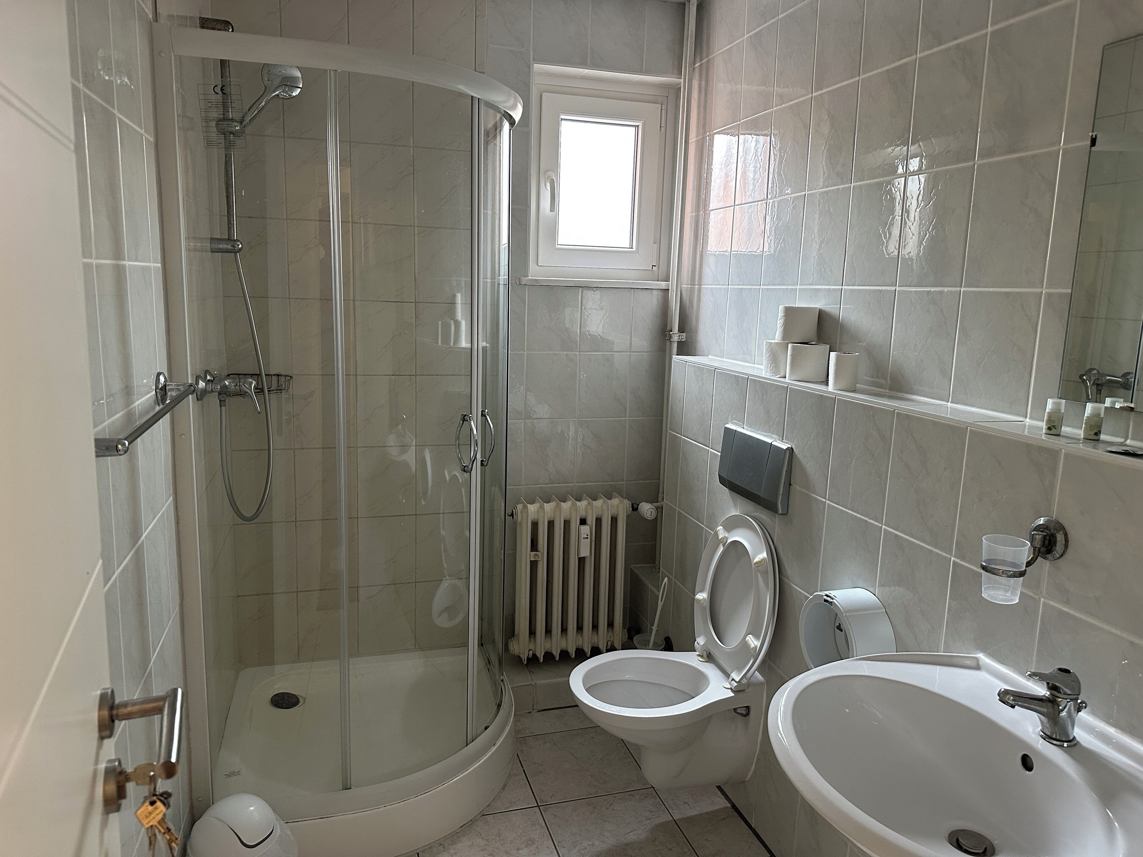 A bathroom with a glass-enclosed shower, a toilet, and a sink.