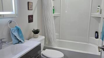 Hair dryer, towels, soap, shampoo