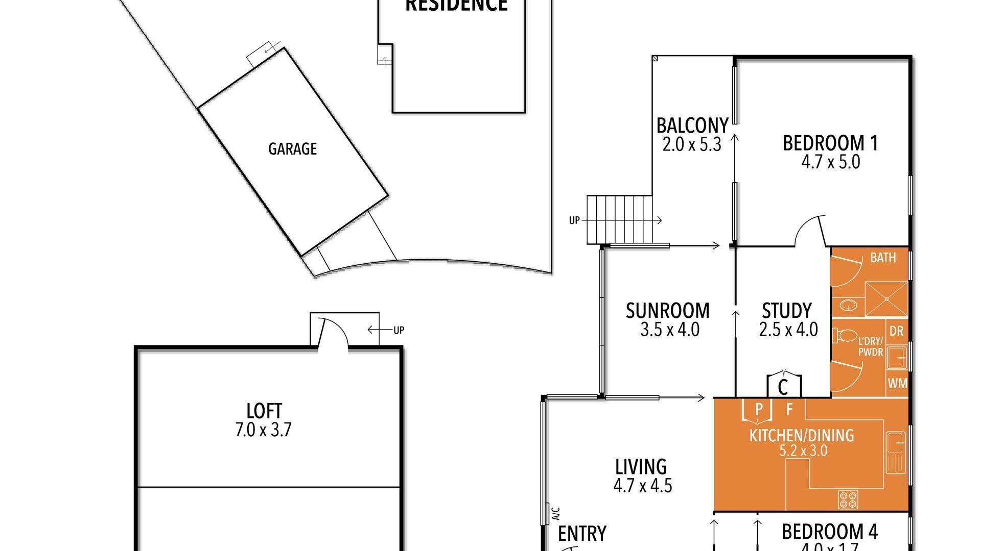 Plano de planta que muestra un garaje, altillo, sala de estar, estudio, solárium, entrada, balcón, dos dormitorios y una zona de cocina/comedor.