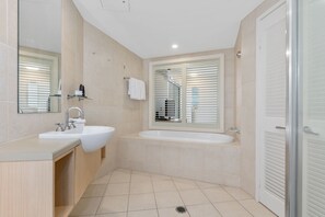 Hair dryer, towels, soap, shampoo