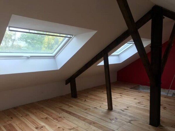 A room with sloped wooden ceilings and skylights.