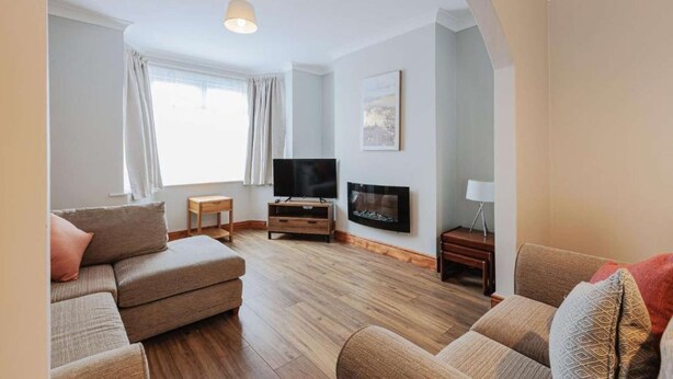 A living room with a sofa, a television, a fireplace, and a lamp. - Fabulous 3 bedroom Home in Redcar (Redcar)